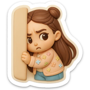 3D chibi fondant cake art style, high-quality rendering with smooth shadows and soft gradients. Girl based on reference image (preserve facial features), long brown hair in two space buns, brown eyes, jeans, pastel floral cardigan, thick white outline like a sticker, transparent background. Peeking suspiciously from behind a corner. Make sure her appearance matches previous stickers. sticker