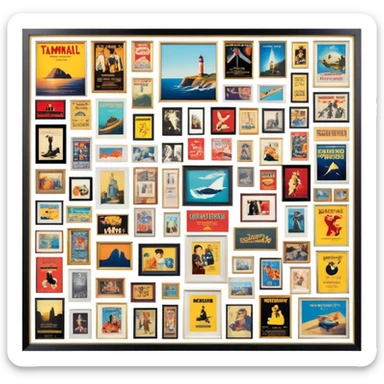 Icon for Photograph and Poster Collecting: a collection of photographs and movie posters, neatly displayed on a wall or in frames. The icon should evoke the nostalgia and artistic value of collecting rare images and posters. Transparent background. sticker