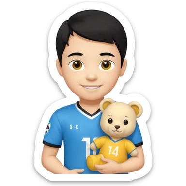 Un enfant qui a les cheveux noir sur le coter qui sourit il a un maillot de l’om et qui a un petit doudou jaune sur son epaule sticker