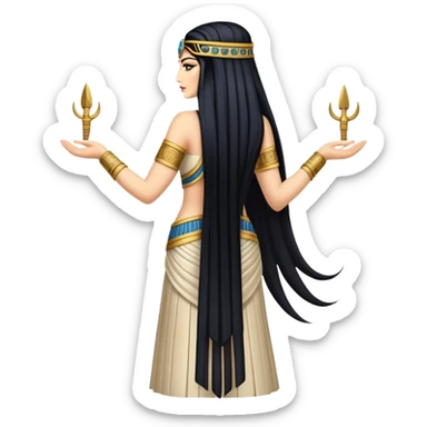 back view of Anunnaki goddess Inanna with long flowing black hair and Mesopotamian cuneiform symbols on her royal attire sticker
