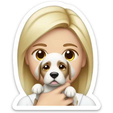 Pretty white woman crying tear drops while holding puppy sticker