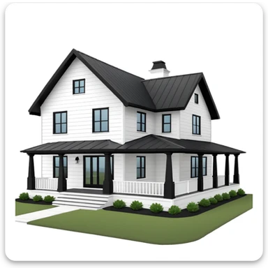 modern farmhouse with white siding, black roof and black trim, exterior view, 3d sticker