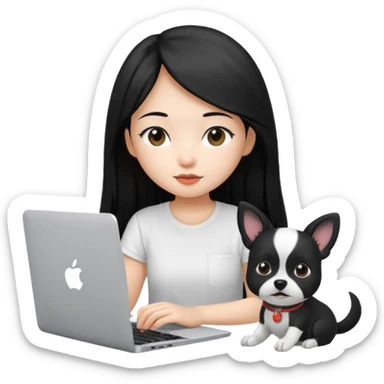 Blue back ground, Asian girl with long black hair , wearing a white t-shirt, working on an Apple laptop, next to her is a small black and white dog sticker
