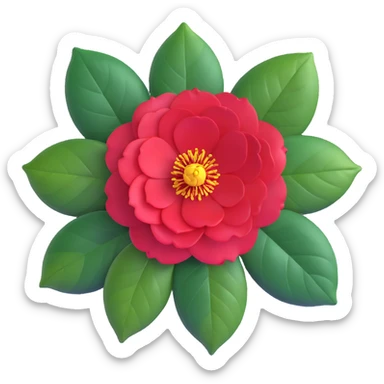 Detailed camellia japonica (tsubaki) flower with rich red formal double form petals, yellow stamens and shiny evergreen leaves sticker