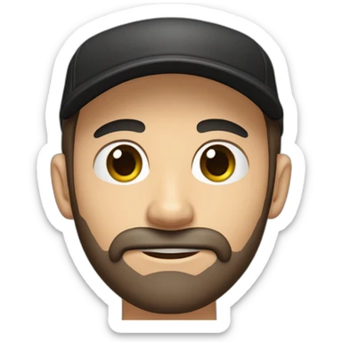 Man, thin face, dark brown beard, 10cm long, up to the nose, protruding ears, green eyes, beginning of unibrow, wearing black and red cap. sticker