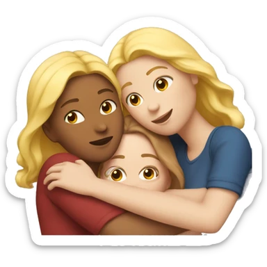 three woman hugging each other, one of them is blond, one brunette and one has red hair sticker