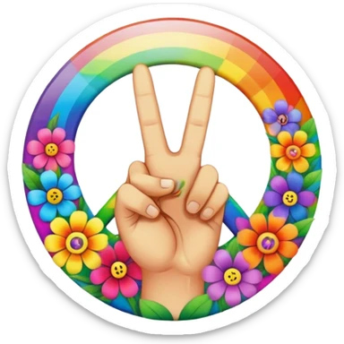 A round psychedelic colored button with a hand making the peace sign in the center surrounded by rainbow colored hippie style flowers sticker