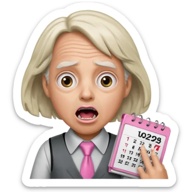 Doc Brown, in Back to the Future, looking shocked, mouth wide open, with a shocked expression. Without glasses. Wearing a silver dress with black trim, a pink collared shirt and a white tie, holding a calendar. sticker