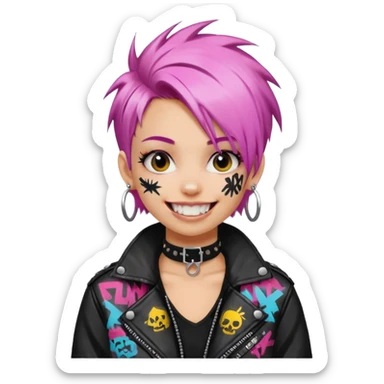 a punk girl with neck-length dyed hair and wear a punk graffiti jacket with black choker grin playfully  sticker