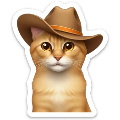 orange, smirking, balinese cat while wearing a brown cowboy hat sticker