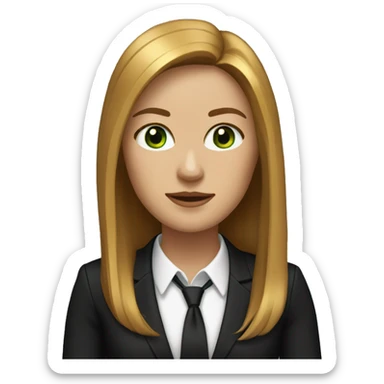 executive woman, long straight golden brown hair, green eyes, black suit sticker