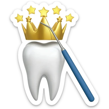 A tooth being cleaned and giving off golden shinning stars from the crown sticker