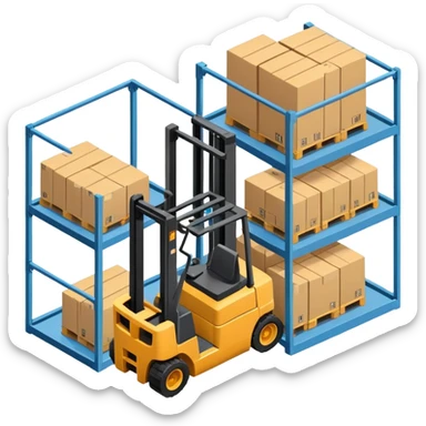Isometric warehouse with forklift and storage racks inside, large cargo door sticker