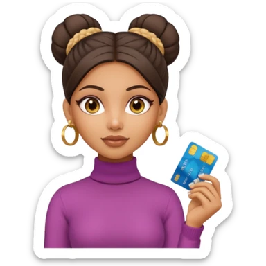 a pretty bratz fair indian girl wearing a beige turtleneck, golden earrings, bun, holding bank cards sticker