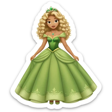 Disney Princess Tiana with extremely long blonde curly hair, green dress sticker