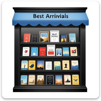 Bookstore window display. A sign displays “New Arrivals This Week”. Below, a shelf tag with the text “Best-Selling Novels Here”.  sticker