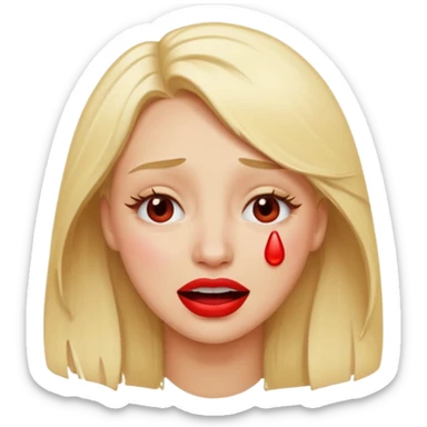 blonde having crying emoji tears from hard laughter. really happy in general, happy eyes. red lipstick sticker
