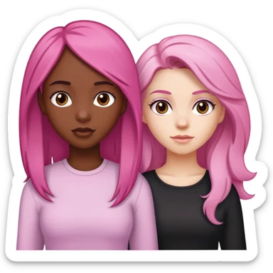 a black girl with dark brown hair next to a white girl with pink hair and a white girl with brown hair sticker