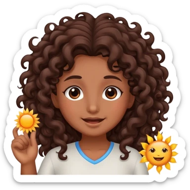 Brown girl with dark brown long curly hair saying good morning with the sun sticker