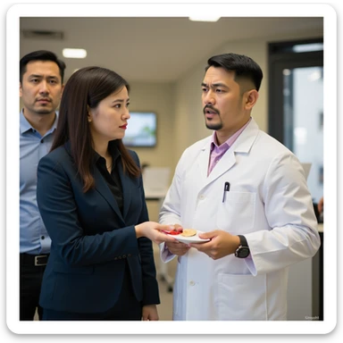 professional illustration of a client with posture problems receiving advice about insoles from a doctor, client looks perplexed, 2:3 aspect ratio sticker