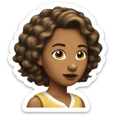 Chica con cabello castaño oscuro ondulado, blanca y con estañas largas sticker