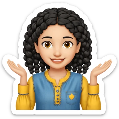 smiling fair Indian girl, curly braided hair, yellow kurti, blue jeans, hands at sides sticker