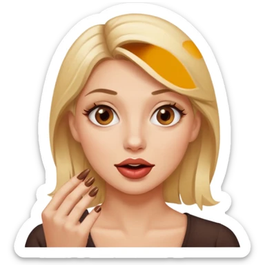 👁️🫦👁️💁🏼‍♀️ aguicheuse. elle se mord le coin de la lèvres. Elle est blonde. Ongles vernis marrons   sticker