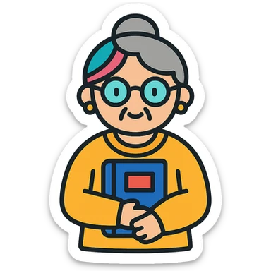 Gen Z style librarian granny with colorful hair streaks, trendy glasses, oversized sweater, holding a book, color outline icon sticker