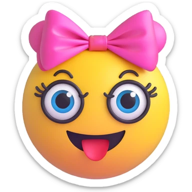 3D smiley emoji, large eyelashes, girly, colorful bow, surprised face sticker
