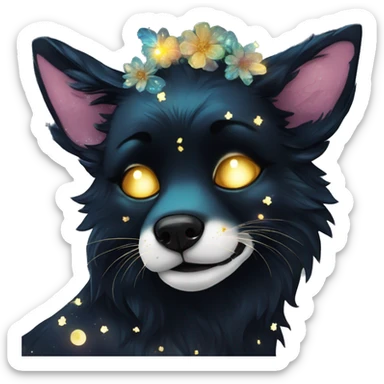 Black iridescent dog fox face head zombie skeleton gold mechanical nebula galaxy stars flowers fairy lights vintage sticker