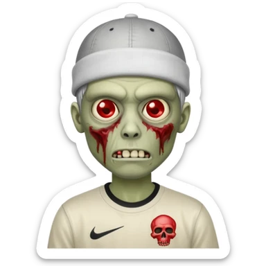 a zombie with the edgar hair cut chrome hearts shirt, one red eye and a nike skully on his head sticker