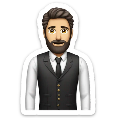 L'image montre un homme barbu avec des cheveux bruns, en chemise rayée, cravate rayée, et gilet noir. Ses bras sont levés, paumes vers le haut, exprimant la confusion. Son expression est perplexe.   sticker