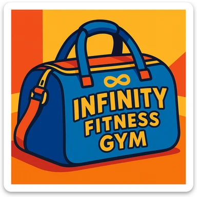 vibrant cartoon gym bag with 'Infinity Fitness Gym' printed in bold, playful letters on the side sticker