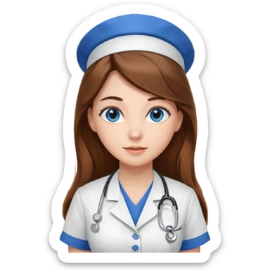 pretty female nursing student with long brown hair, blue eyes inside a classroom at university sticker