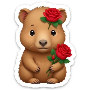 Cute baby capypara with sad puppy dog eyes holding roses  sticker