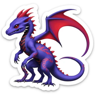 Rare warm-colored exotic gloomy tropical edgy cute epic aesthetic spooky indigo purple white black red gothic colorful Salandit-charmeleon-sergal-species-Fakemon-hybrid-creature, with tribal tattoo markings, full body sticker