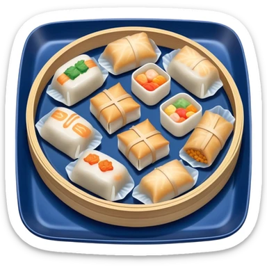 Warms Dim Sum pieces on a Japanese dark blue porcelain tray sticker