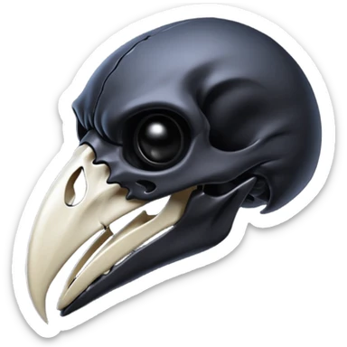 Raven skull with sharp beak, dark gothic emoji, polished bone texture, iOS style sticker