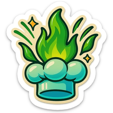 chef's hat explode with trails of fires, emoji, playful, magic flame green gradient, vibrant, flame matching style reference file sticker