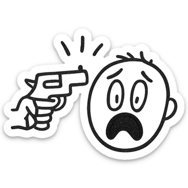dramatic icon of a hand holding a toy gun to a cartoon head, exaggerated expression, no blood sticker
