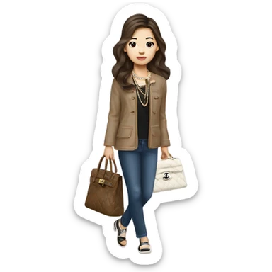 Realistic brown hair Chanel Asian Girl with Birkin bag and Chanel necklace sticker