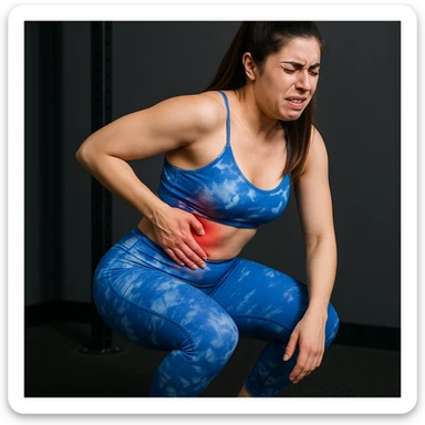 A slender woman in 4K, in a gym, attempting a squat but stopping mid-movement, hand grabbing the right side, sudden pain expression, right side with evident redness, inspired by the reference photo. sticker