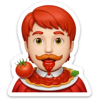 funny theater actor character who ate tomatoes, tomato sauce around mouth, dramatic expression, stage costume collar, 3D cartoon, mobile game icon style, clean background, no text, no watermark
 sticker