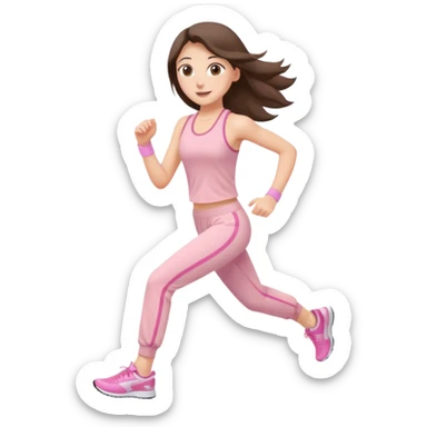 white happy brunette teen long hair with hazel eyes in light pink workout clothes jogging sticker