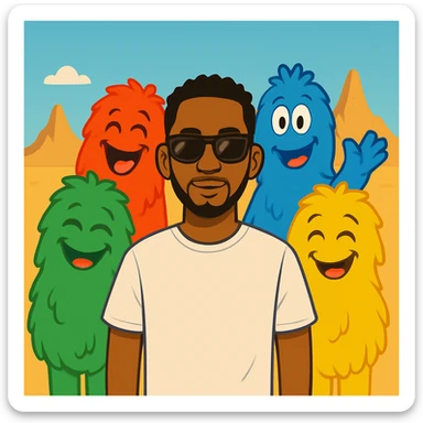 Edit the image of Omah Lay so that his hands are not touching his glasses. He should have a relaxed, confident pose with his arms at his sides. Keep him in front of the four colorful furry background characters. The style should be cartoon emoji style, capturing the look and feel of cartoon emojis. sticker