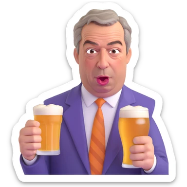 Make it funny: Nigel Farage looking grumpy but comically exaggerated, holding a pint of lager, in a 3D emoji style, with no background. sticker