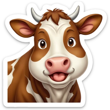 Cinematic Cute Yawning Brown and White Cow Portrait Emoji, Head tilted slightly with a dramatic, wide-open yawn, showcasing a smooth, patterned hide of brown and white, floppy ears slightly drooping, round brown eyes barely open in drowsy contentment, Simplified yet irresistibly adorable features, highly detailed, glowing with a soft, cozy glow, high shine, relaxed yet expressive, stylized with a touch of pastoral whimsy, bright and endearing, soft glowing outline, capturing the essence of a sleepy yet affectionate cow, so drowsy it feels like it could amble out of the screen and curl up for a nap! sticker