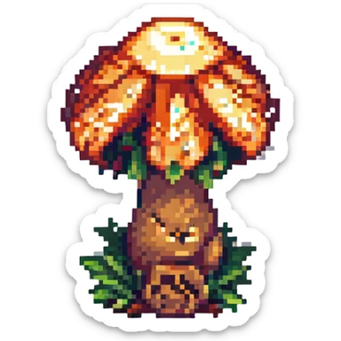 Add a tiny fairy nearby the glowing mushroom in pixel art style, with no background. sticker