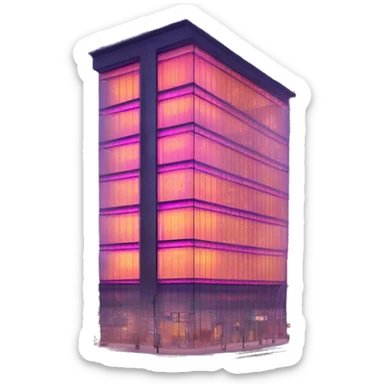 “Modern glass building with neon ‘Trendimizbir’ sign glowing brightly on the top floor. sticker