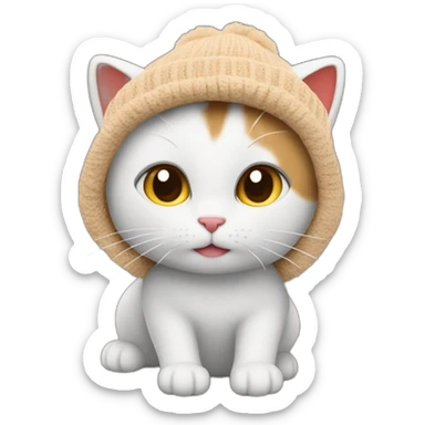 The cat in the beanie hat is red, the hat is on one side of the cat's head, the second ear is open and it is light brown, and the cat itself is white sticker